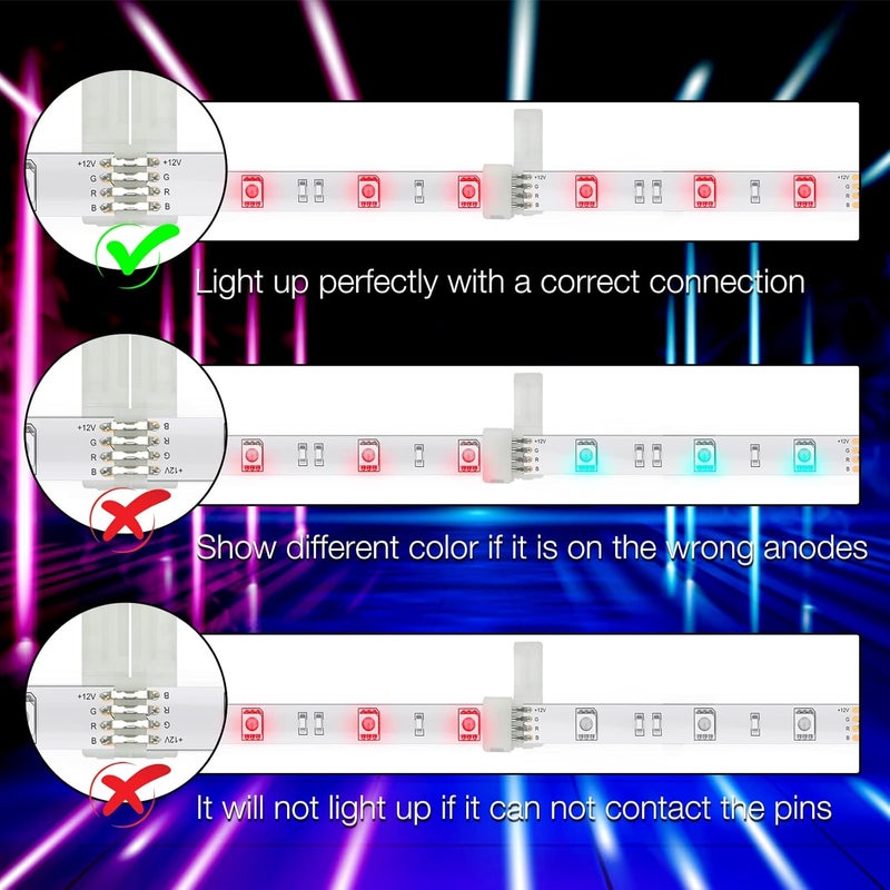 DAYBETTER 20 Pcs 4 Pin Led Light Connectors, 10mm Wide Led Connectors Unwired Gapless Solderless Adapter Clips for SMD 5050 RGB Multicolor Strip Lights, Strip Connectors for DIY - Image 5
